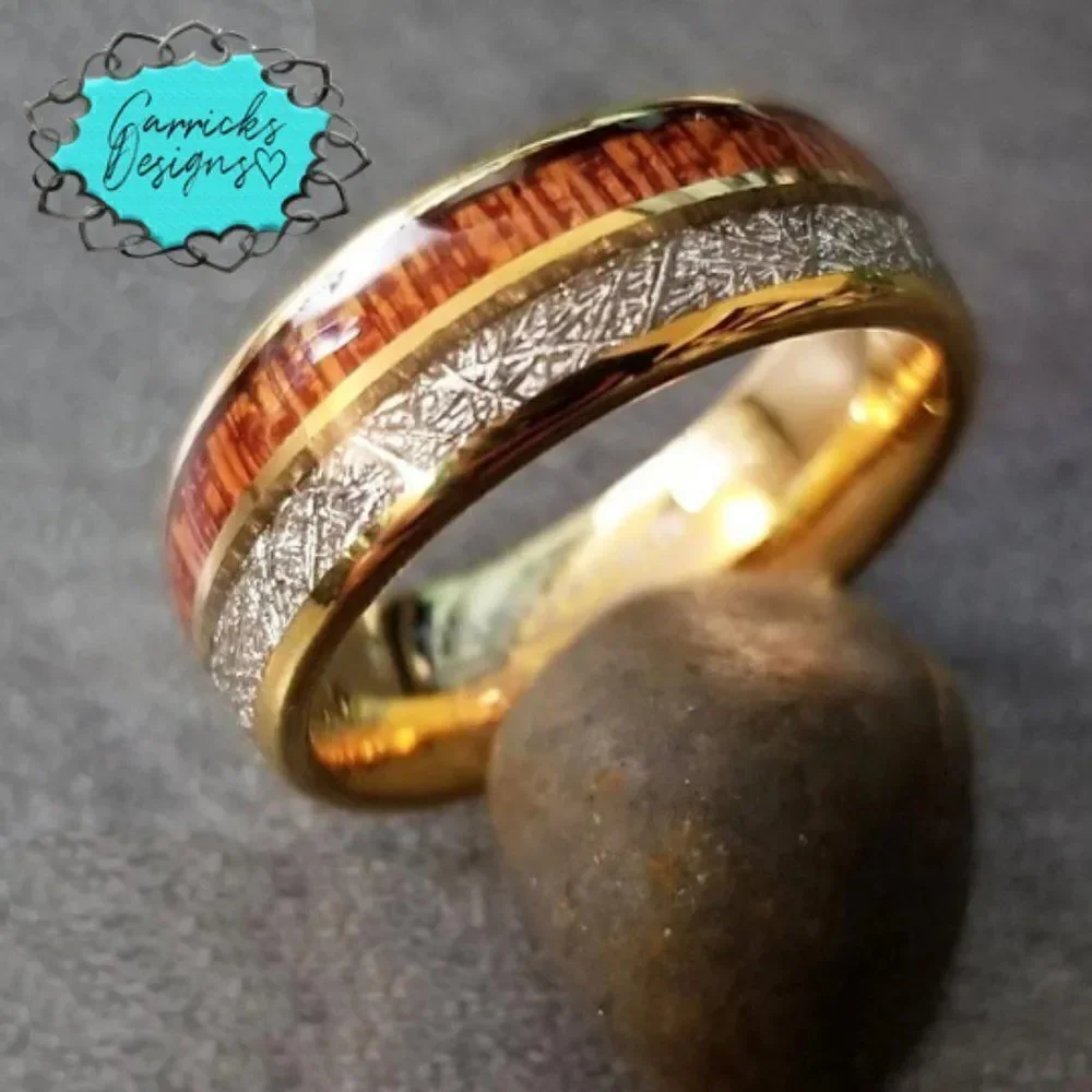 Men's Gold Meteor and Koa Wood Tungsten Wedding Ring - Wedding Ring For Him